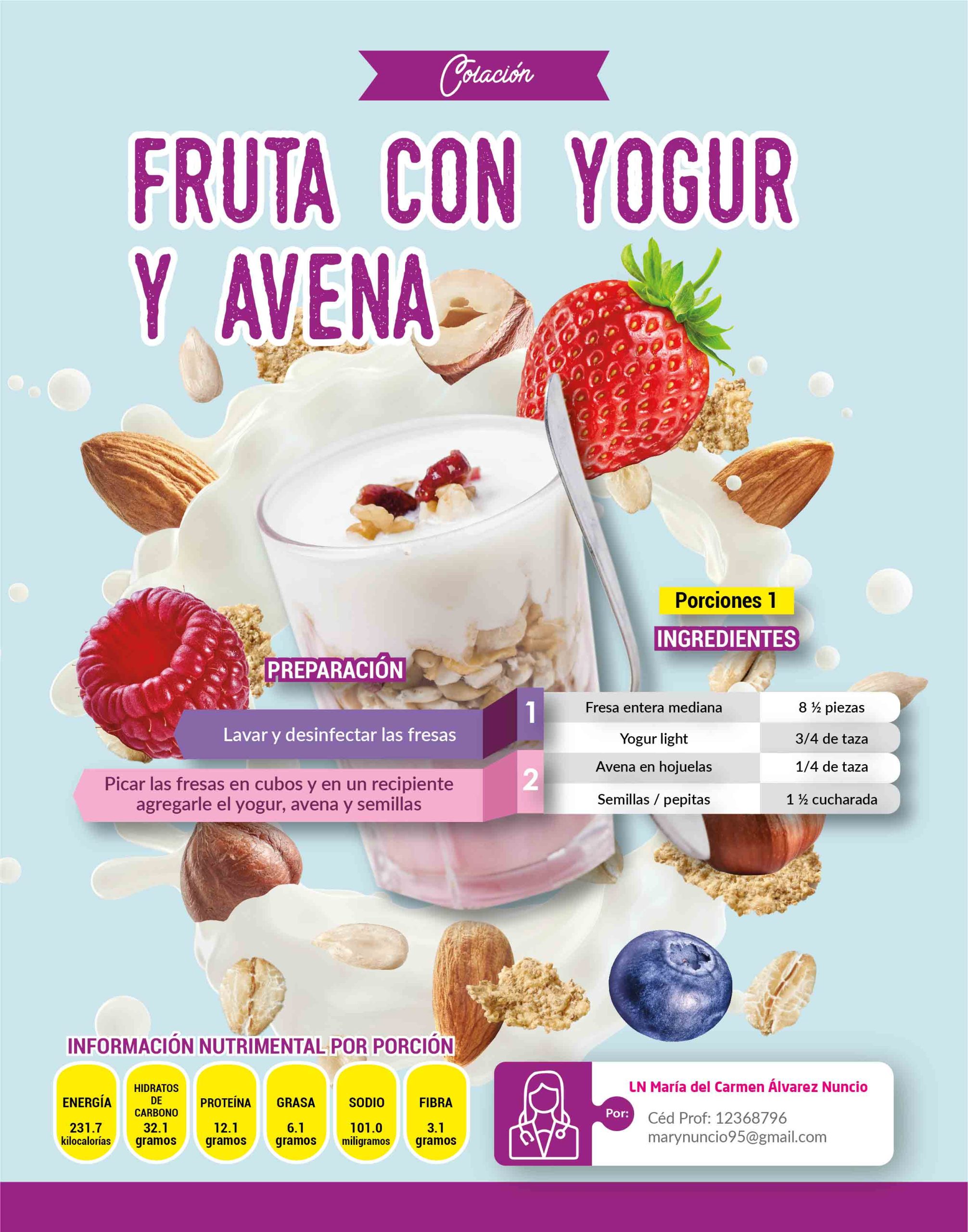 Deliciosa receta de Fruta con yogur con informanción nutrimental,